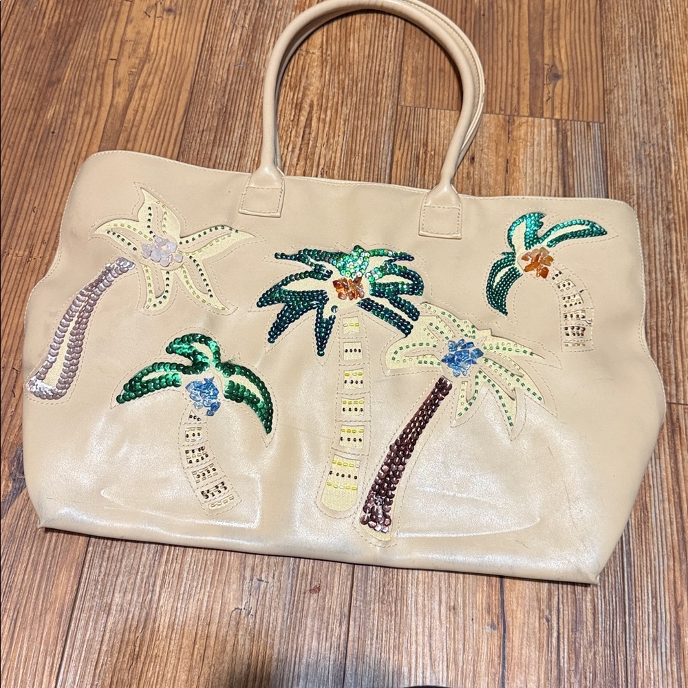 Faded Glory Teal and Cream Purse Beautiful Palm Tree Design Gently Used